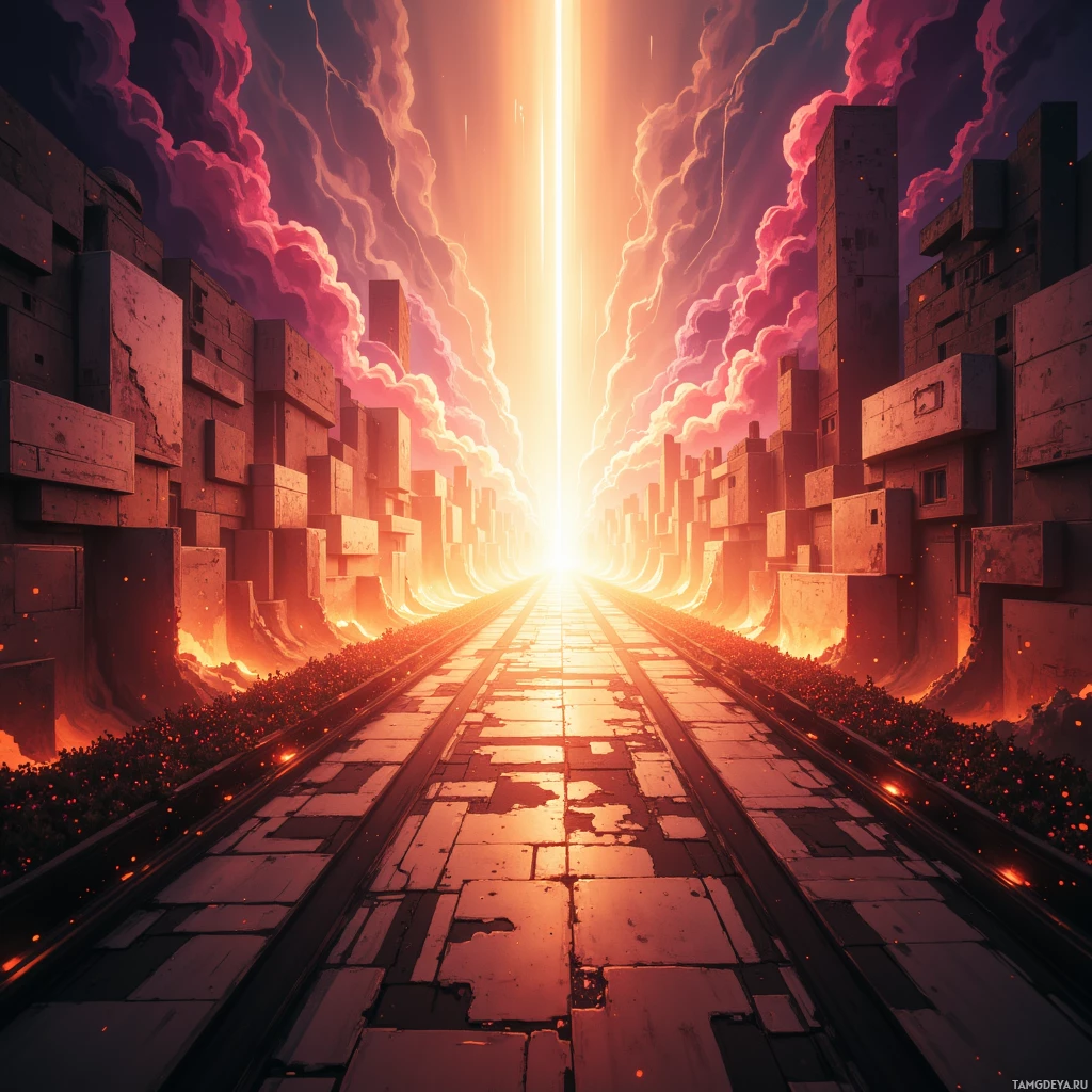 A futuristic cityscape with a glowing vertical light source at the horizon.