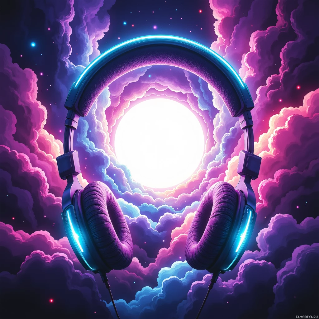 A pair of glowing headphones set against a vibrant, cosmic sky with swirling clouds and stars.