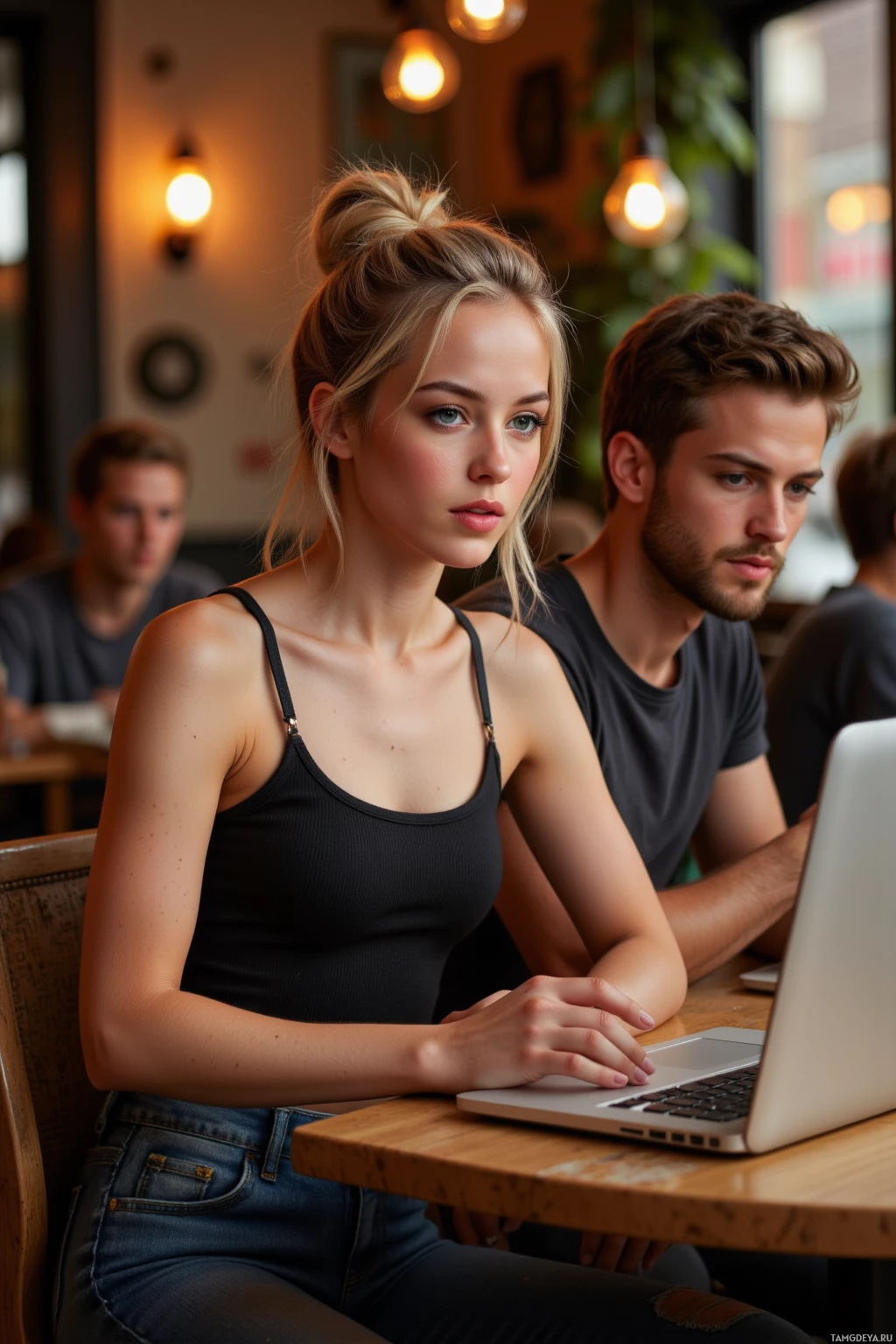 A woman in a black tank top and jeans sits at a table with a laptop, looking to the side.