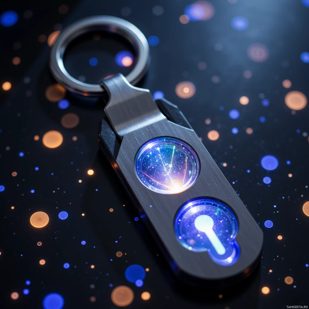 A metallic keychain with glowing circular elements against a starry background.