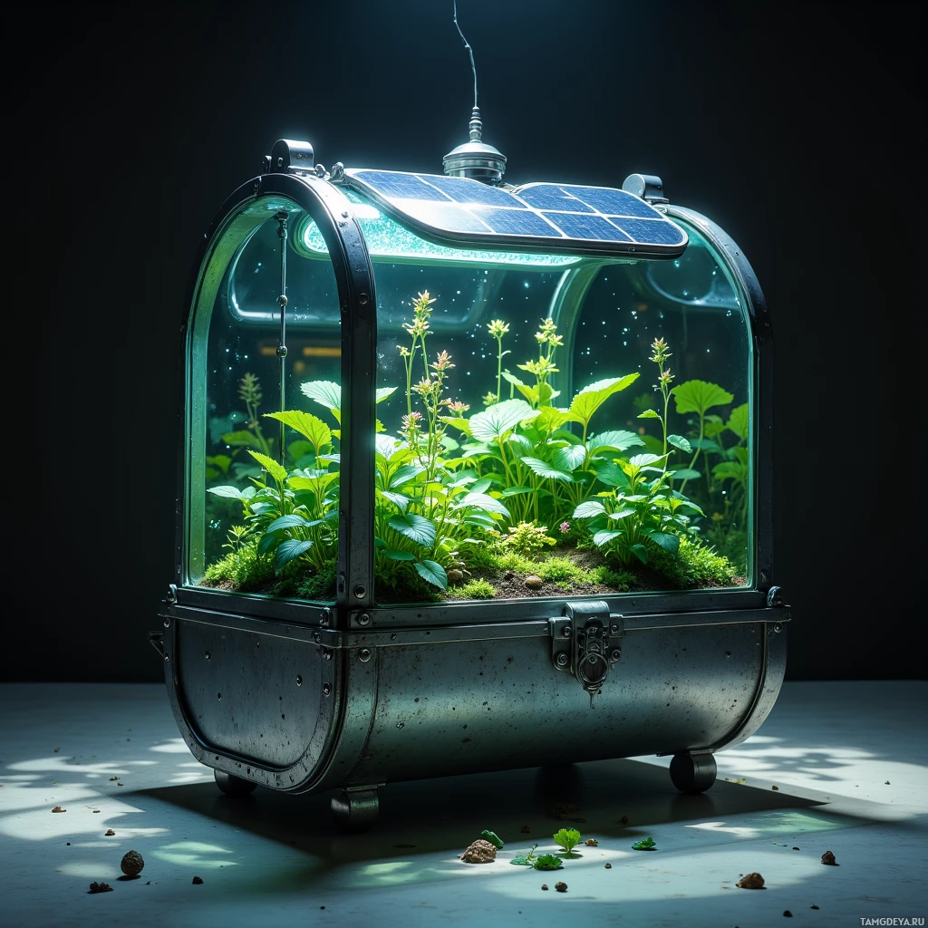A glass terrarium with plants and a solar panel on top, placed on a dark surface.