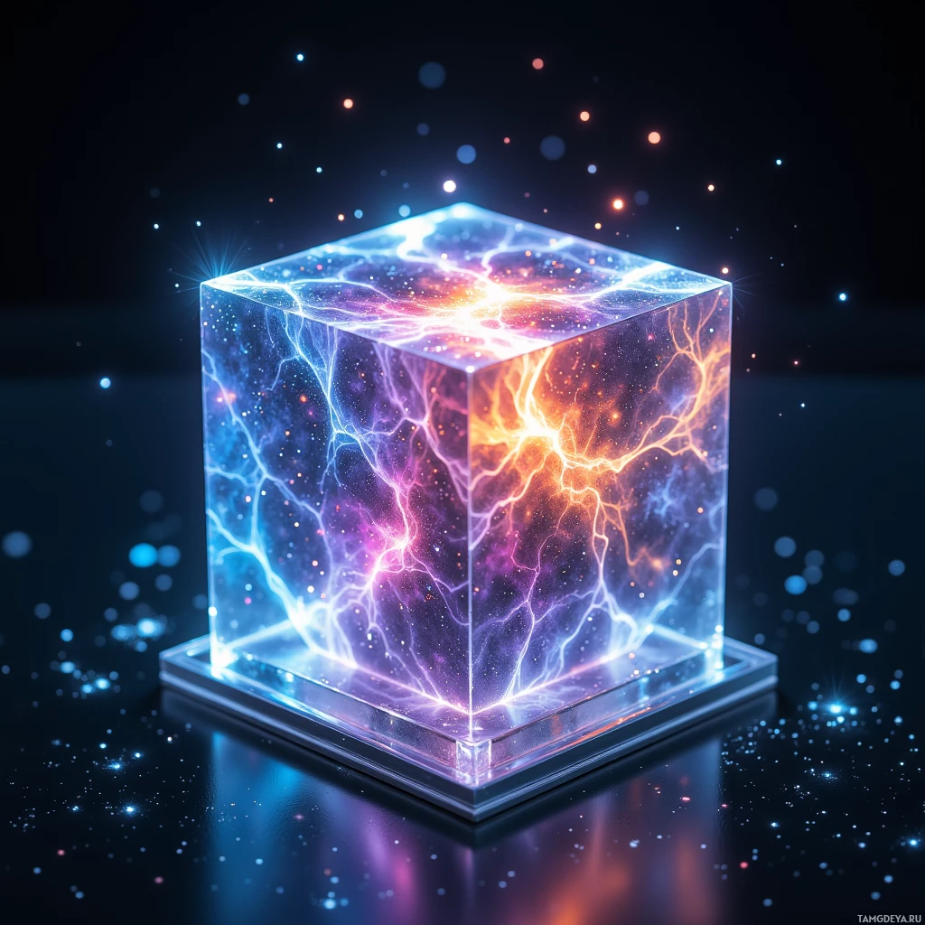 A glowing cube with vibrant lightning patterns and a starry background.