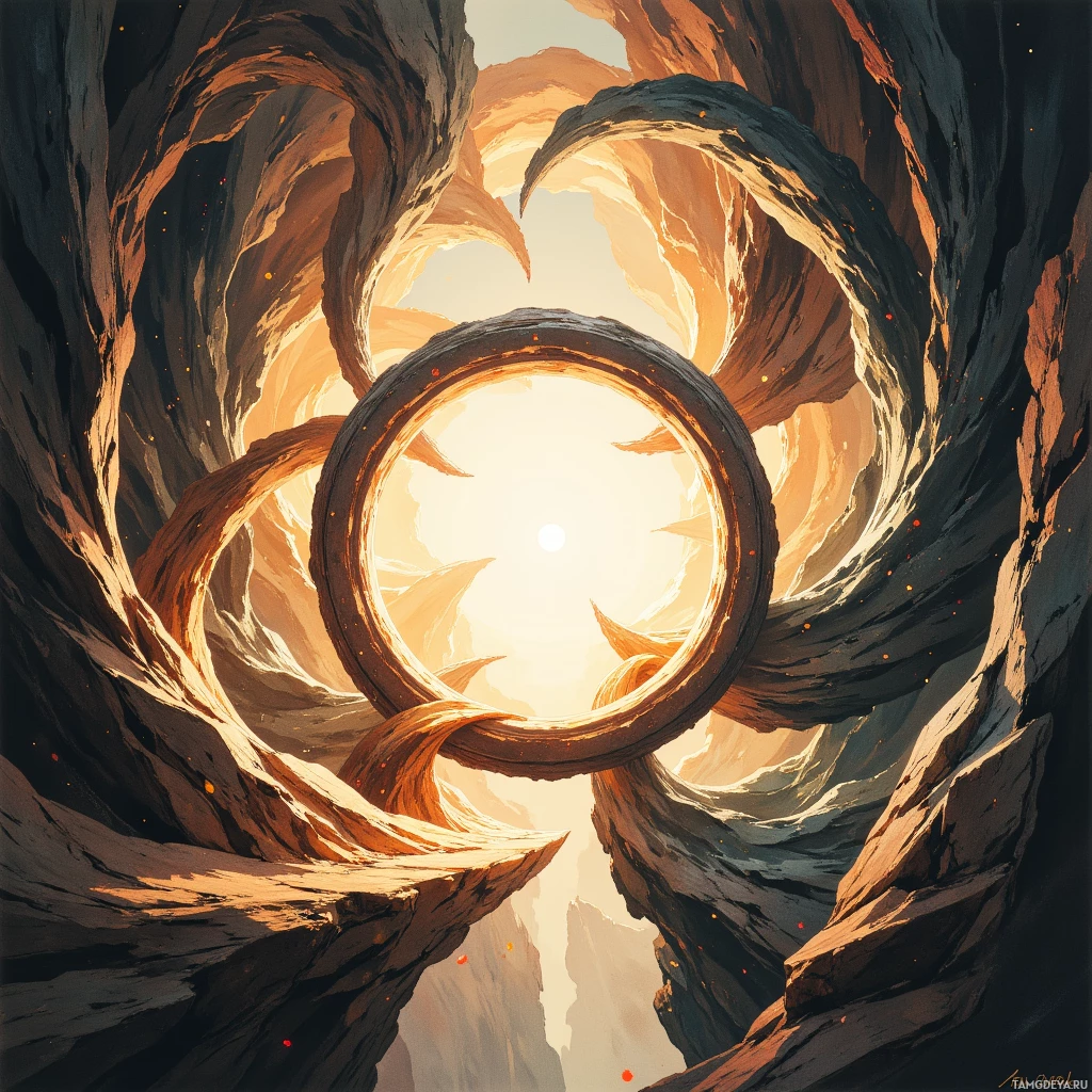 A surreal, glowing circular portal surrounded by swirling rock formations.