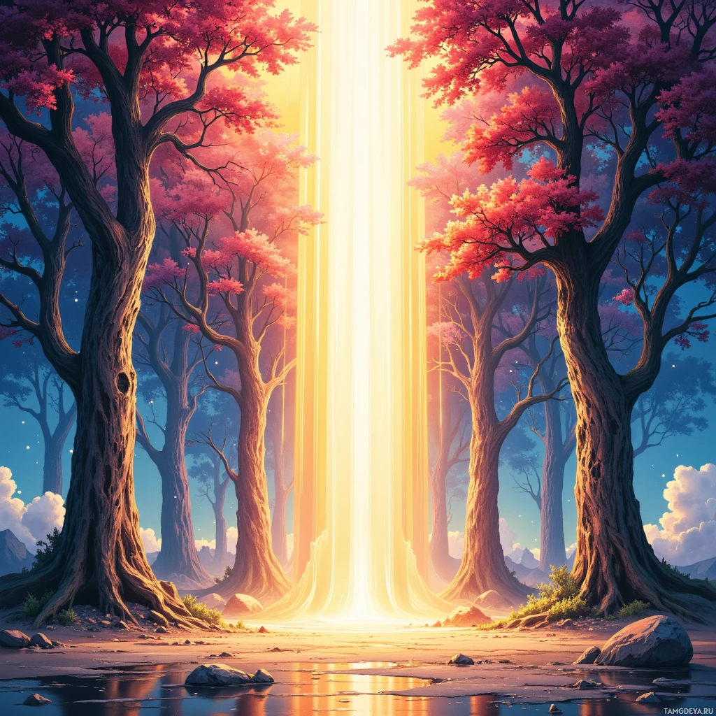 A serene forest scene with tall trees and vibrant pink foliage illuminated by golden light streaming through the center.