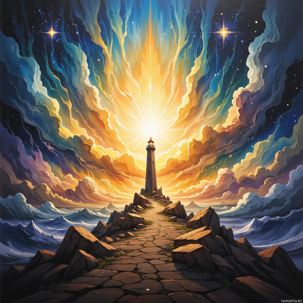 A vibrant painting featuring a lighthouse on a rocky island with a radiant, colorful sky and ocean waves.