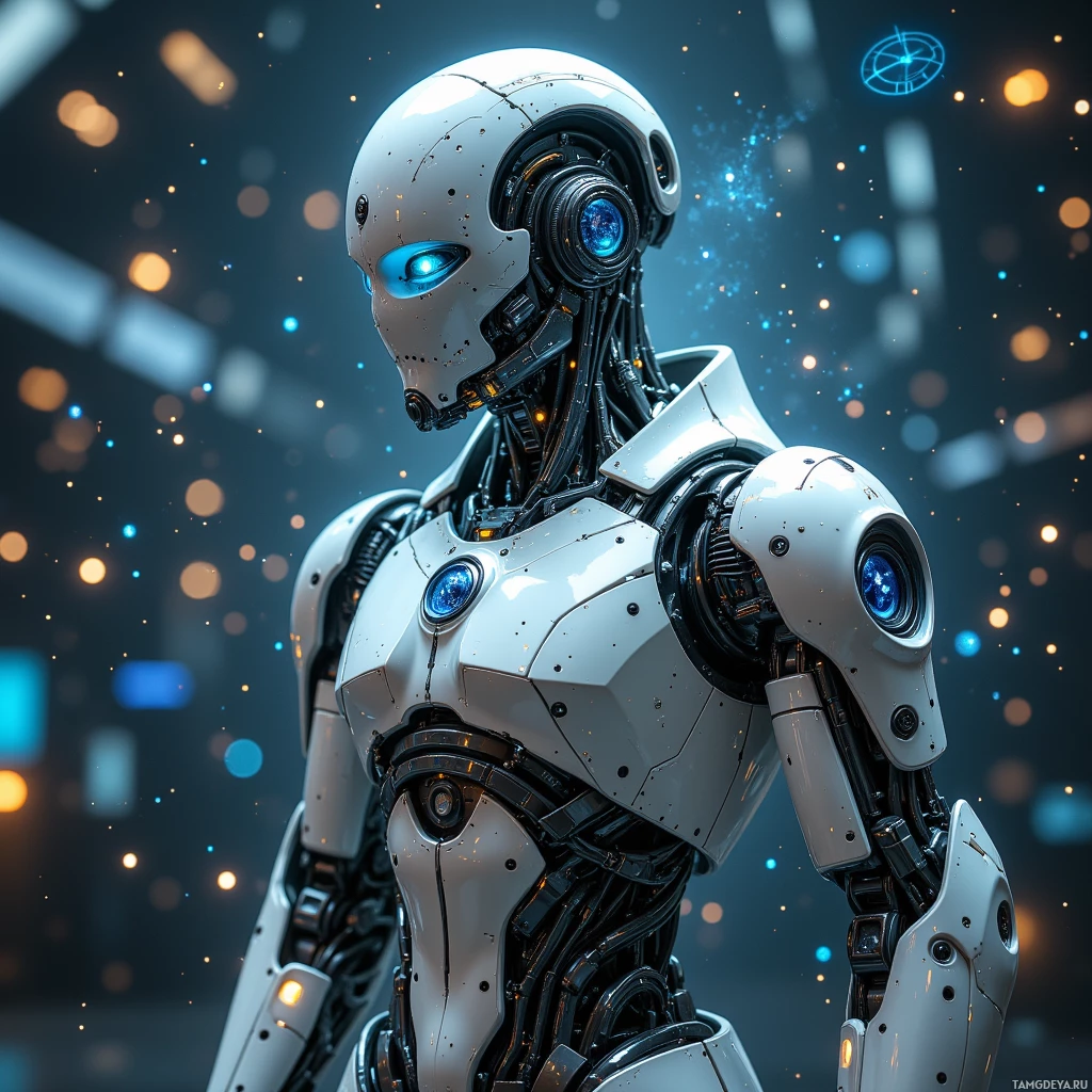 A futuristic robot with glowing blue eyes and intricate mechanical details stands against a backdrop of glowing particles.