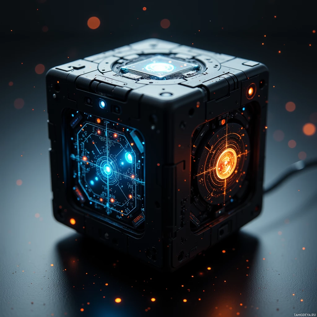 A futuristic, illuminated cube with glowing blue and orange lights.
