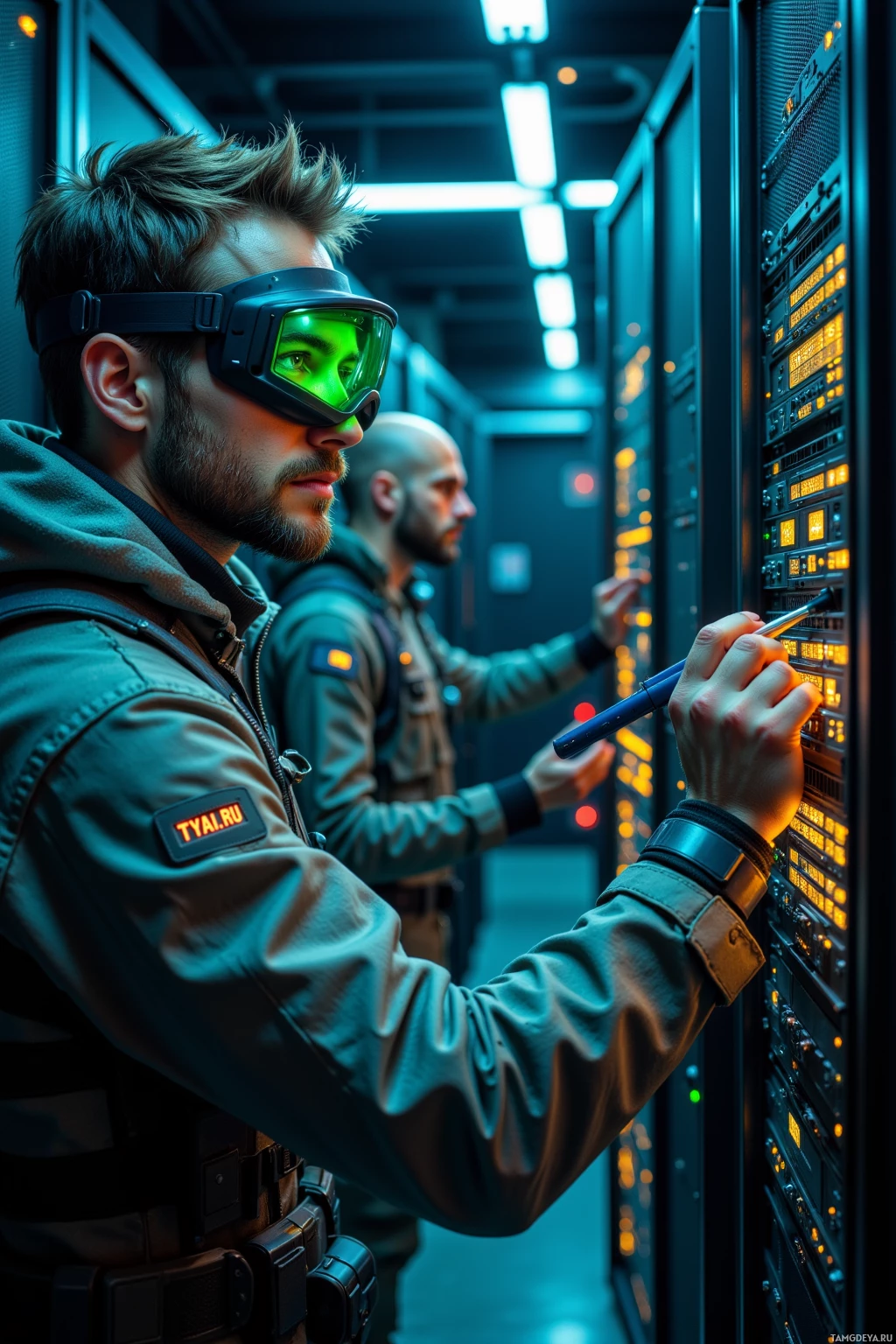 Two individuals in tactical gear work on server equipment in a dimly lit data center.