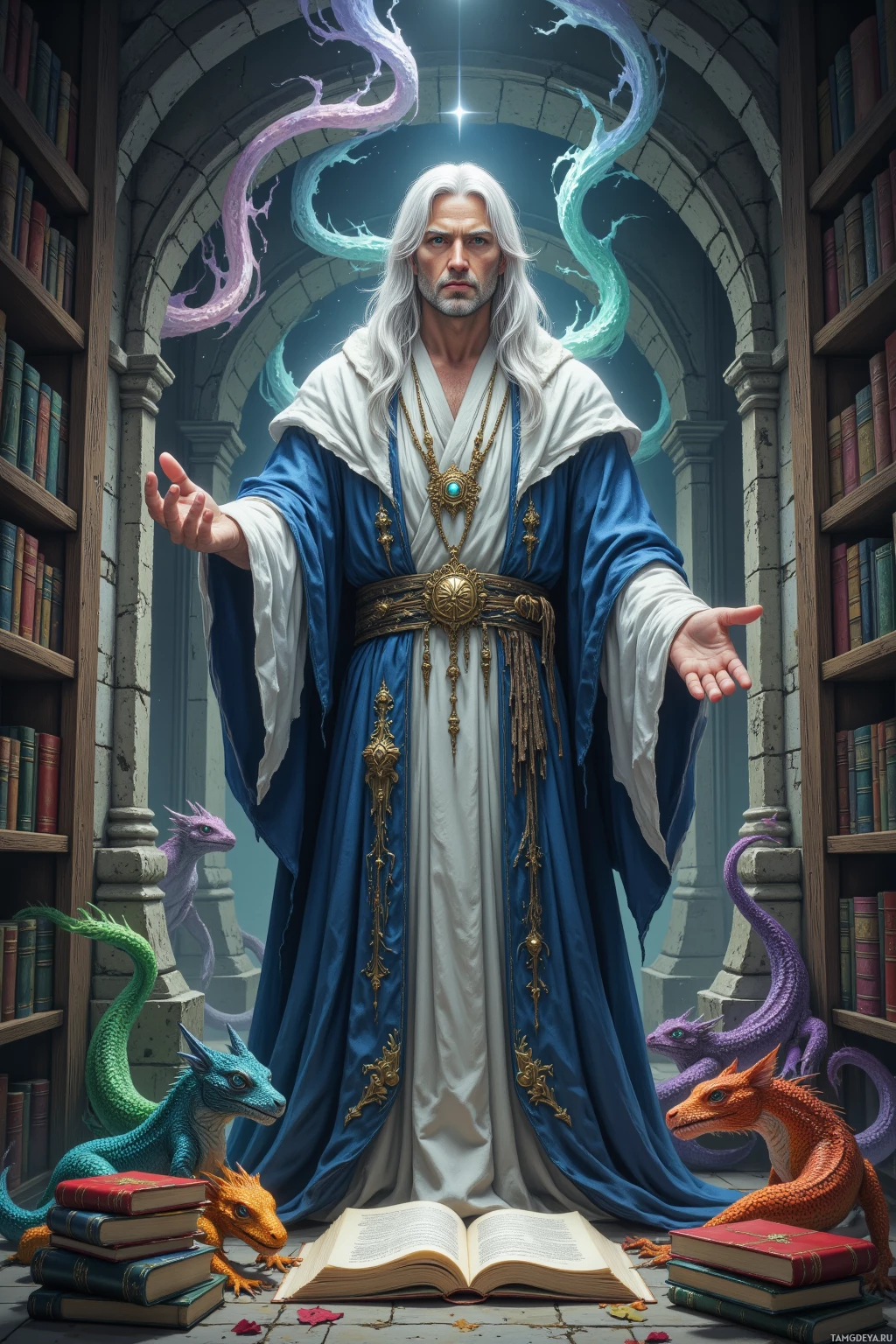 Realistic high quality photo. Male 35‑year‑old Invoker, white hair and piercing blue‑green eyes, pale skin, wearing a flowing silver‑and‑deep‑blue mystical robe adorned with arcane symbols, calmly summoning a gentle gust that scatters open textbooks across an ancient stone study filled with spellbooks guarded by salamanders while a small kitchen dragon peeks from the doorway.