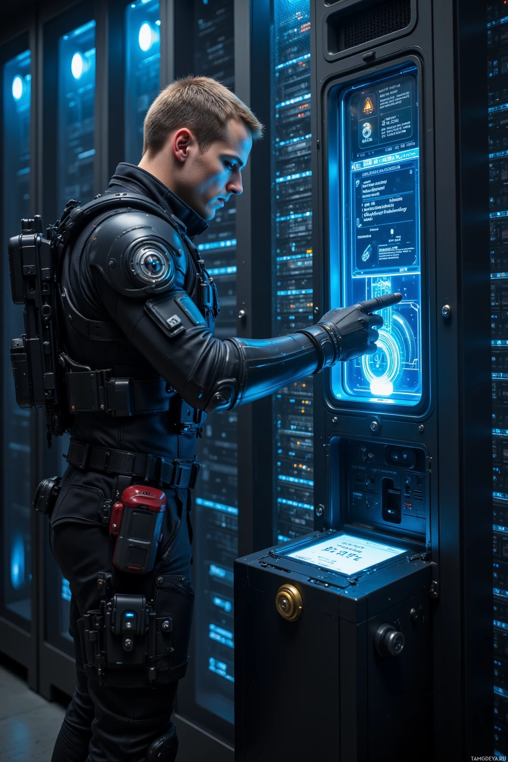 A person in tactical gear interacts with a futuristic interface in a server room.