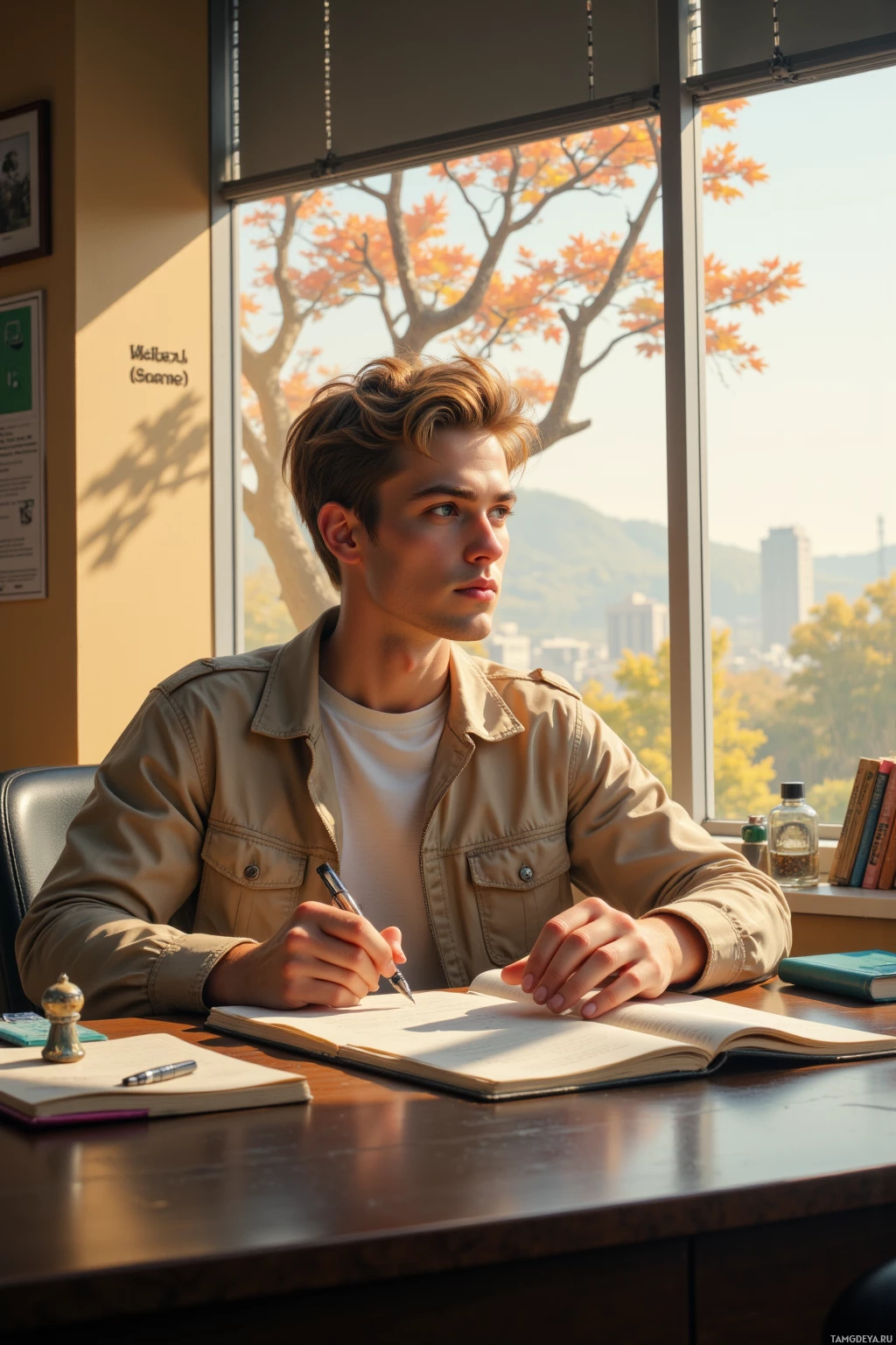 Realistic high quality photo. Young man with light blonde hair, green eyes, wearing a soft beige windbreaker jacket and simple shirt sits at a modern office desk in late afternoon, staring out the window at a maple tree labeled “Warden of Seasons,” an empty notebook on the desk, a small figurine waiting beneath it, holding a fountain pen poised but not yet writing.