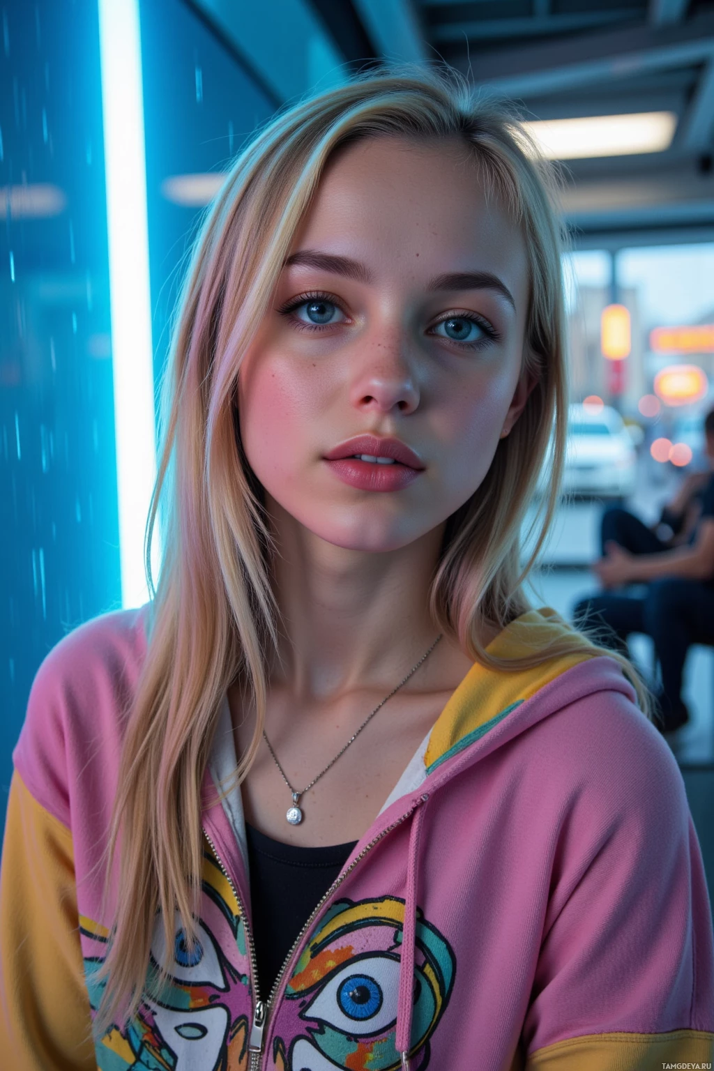 A young woman with long blonde hair wearing a colorful hoodie stands in a brightly lit urban setting.