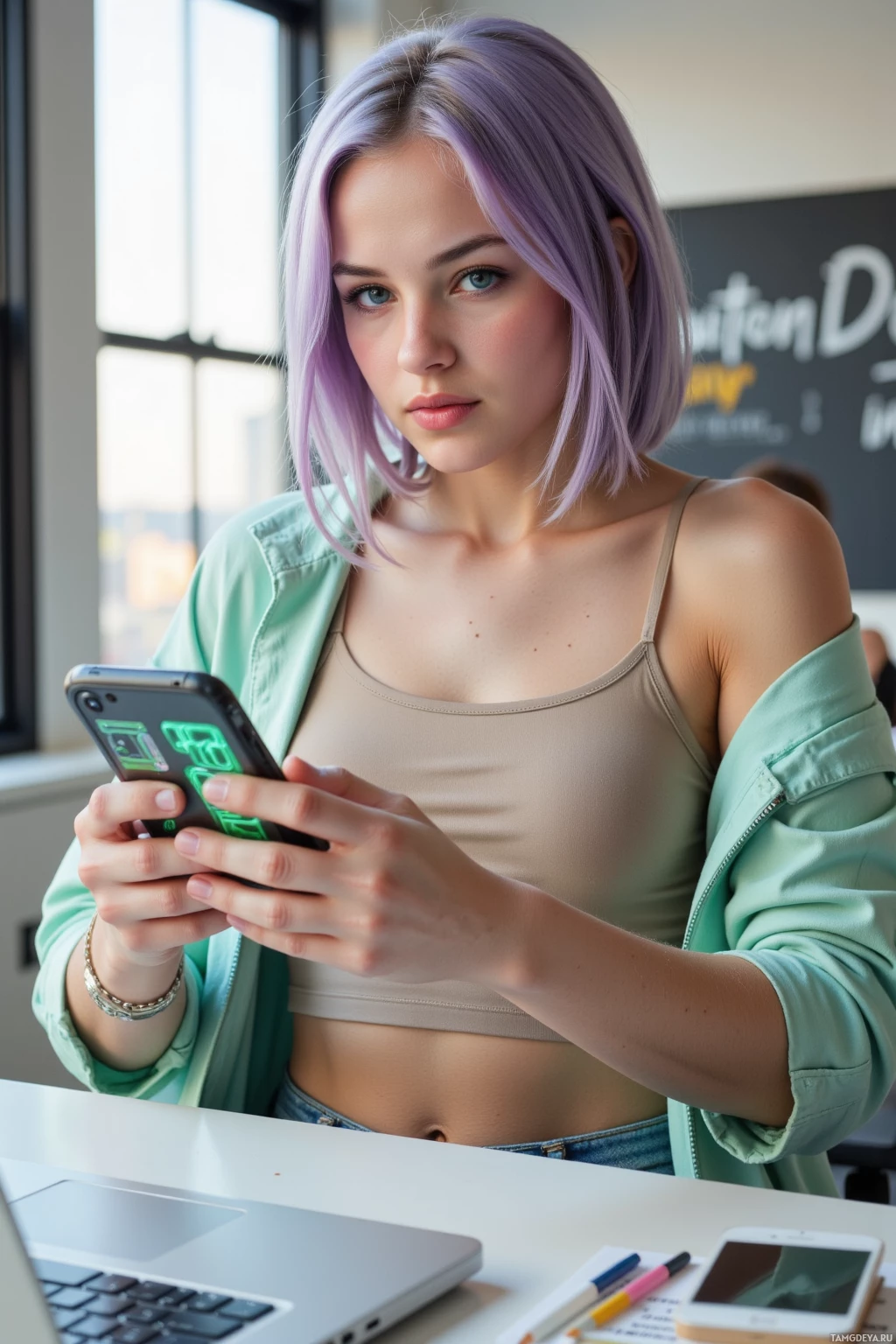 A person with purple hair is holding a smartphone and looking at it.