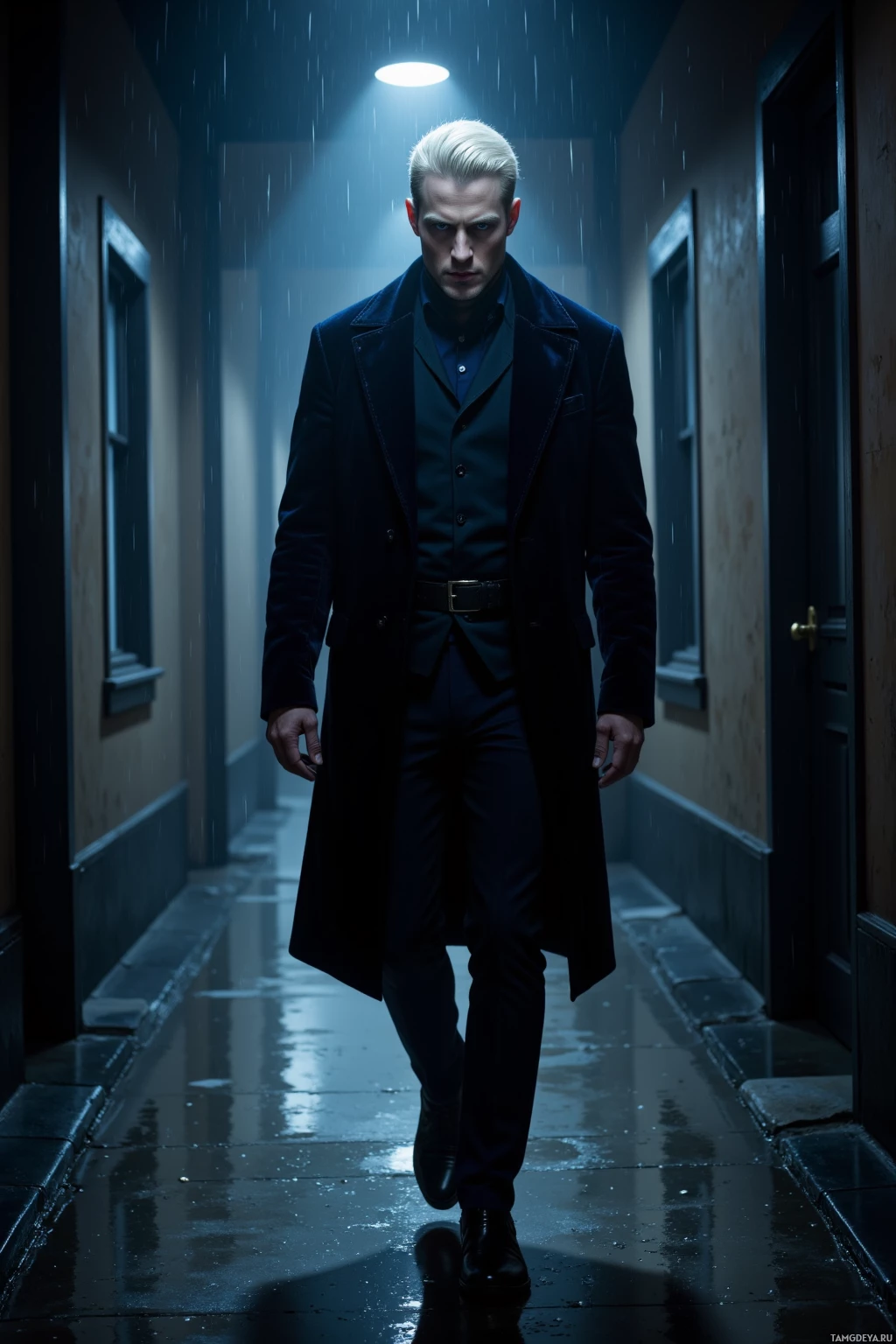 A man in a dark coat walks down a dimly lit, rainy corridor.