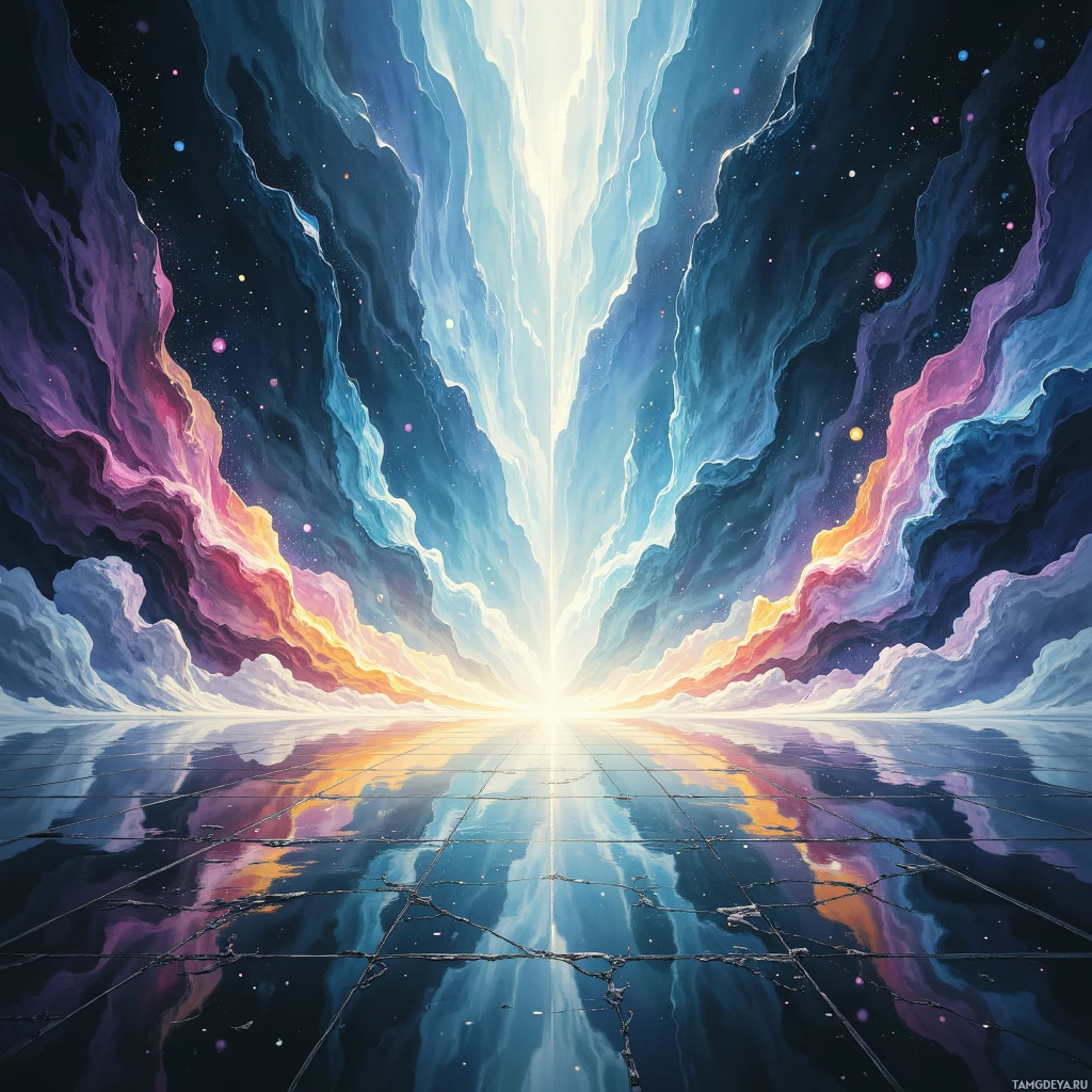 A vibrant cosmic scene with swirling clouds and a bright light source at the center.