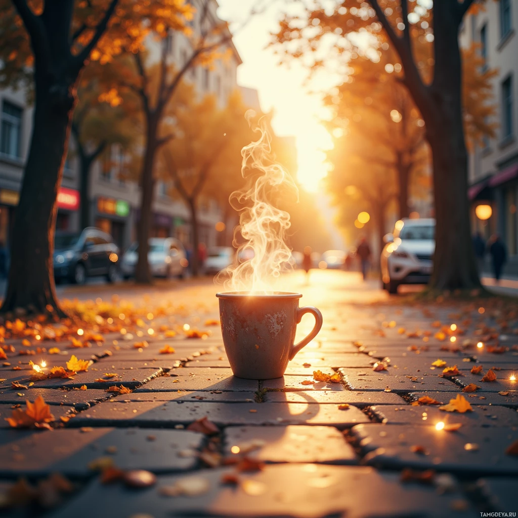 A steaming cup of coffee sits on a cobblestone street amidst fallen leaves under warm autumn sunlight.