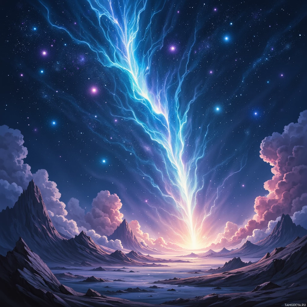 A fantastical landscape featuring jagged mountains under a starry sky with vibrant lightning streaks and colorful clouds.