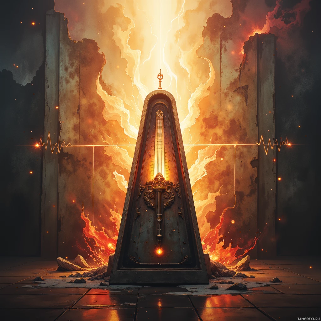 A fiery, glowing portal with a metallic frame and a central ornate structure, surrounded by molten flames and lightning.