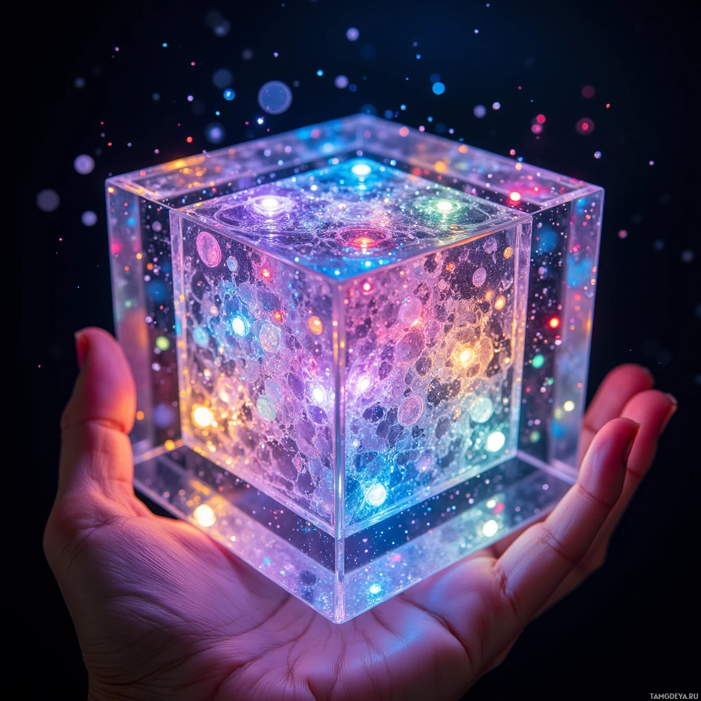 A hand holds a glowing, transparent cube with colorful lights and particles inside.