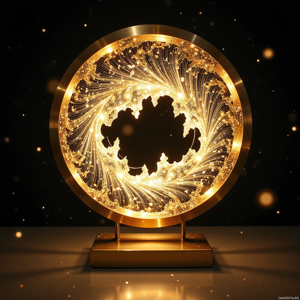 A golden circular sculpture with intricate light patterns and a dark central void against a starry background.