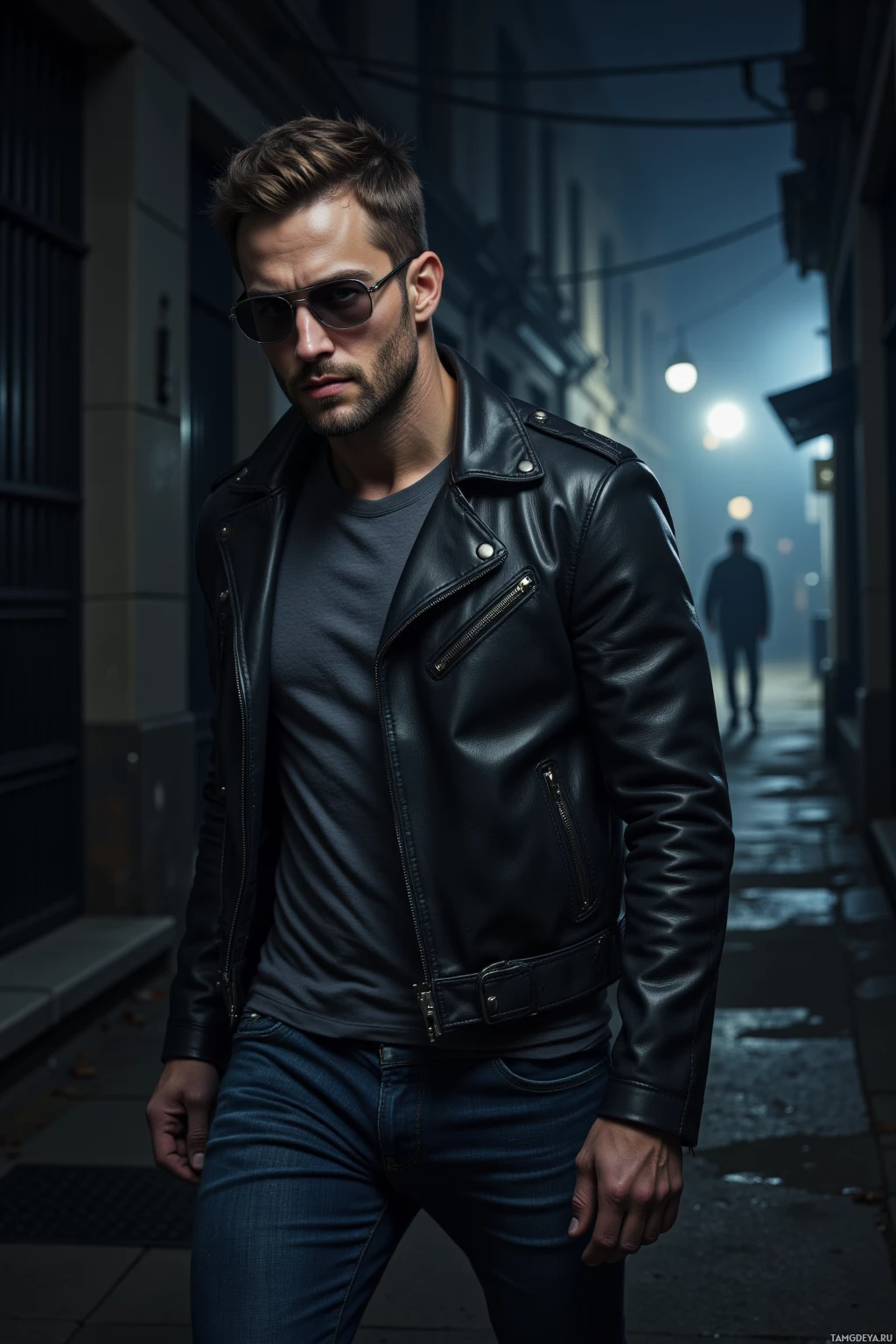 A man wearing a black leather jacket and sunglasses stands on a dimly lit street.