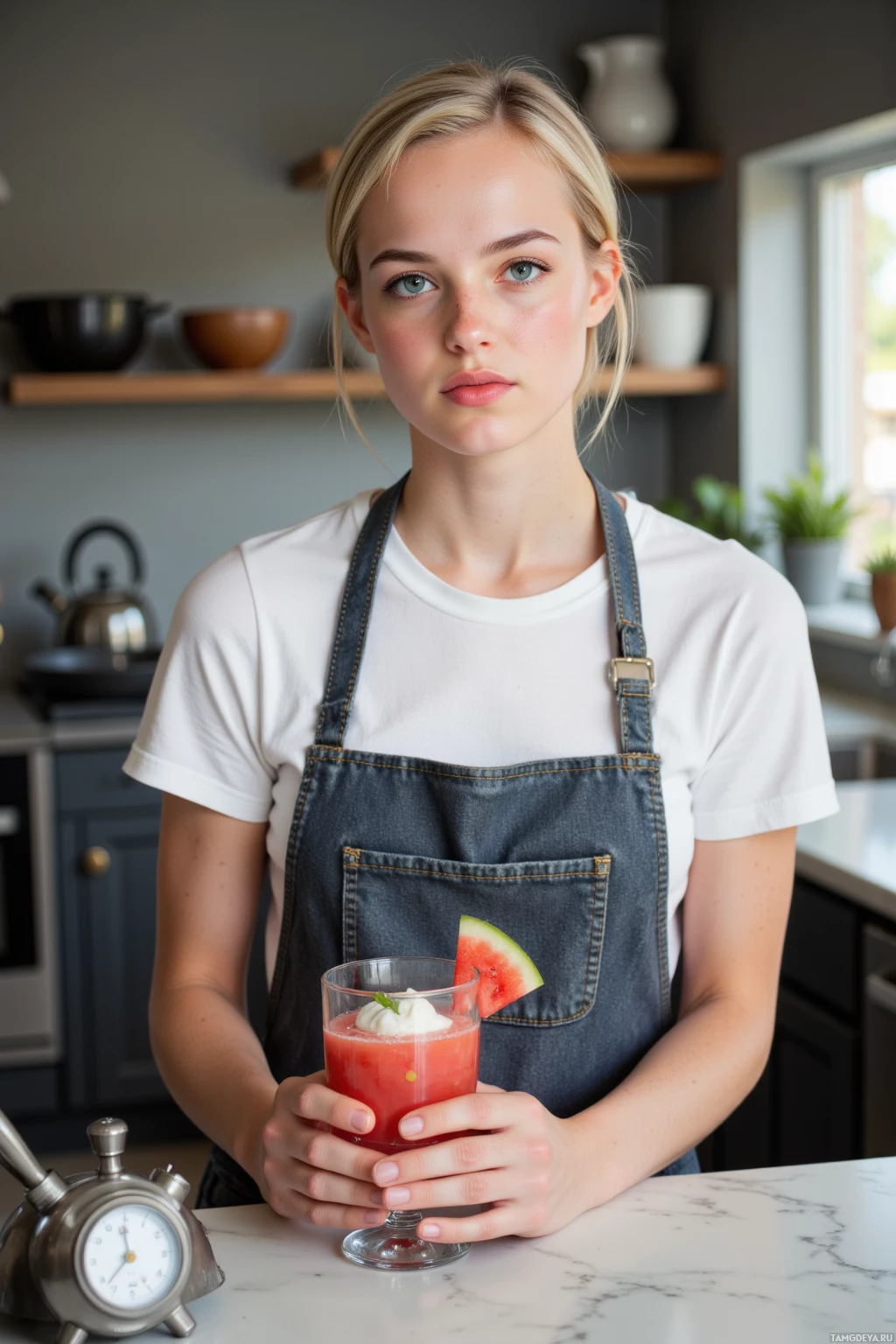 A person wearing an apron holds a glass of watermelon smoothie with a slice of watermelon on the rim.