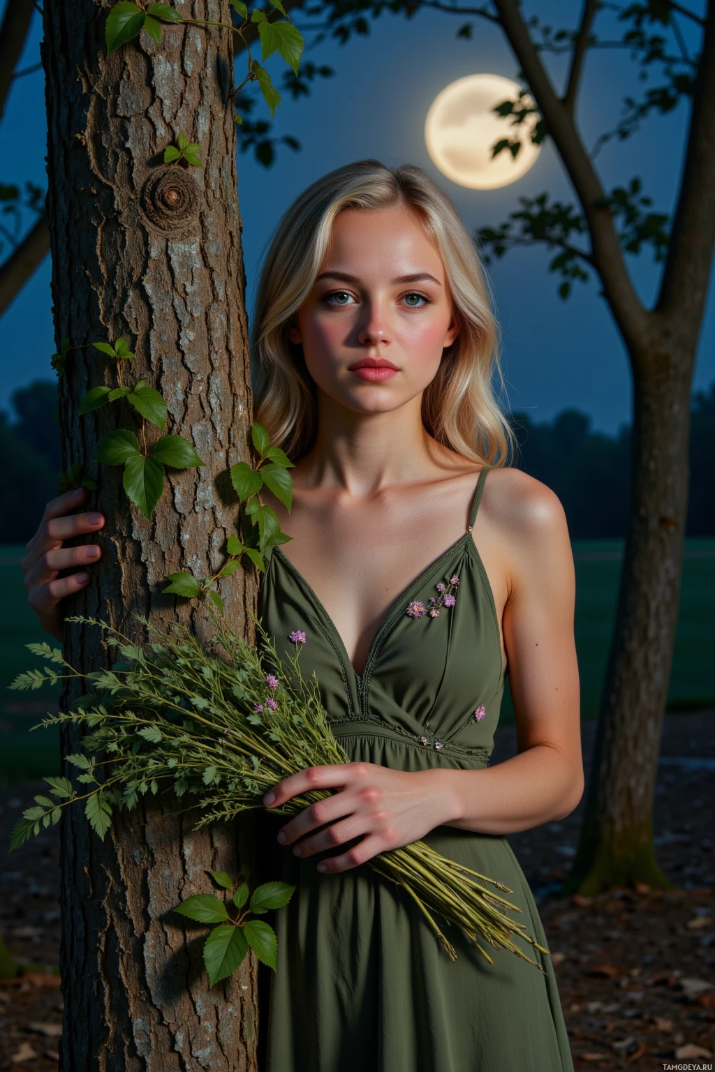 A woman in a green dress stands beside a tree, holding a bouquet of flowers, under a moonlit sky.