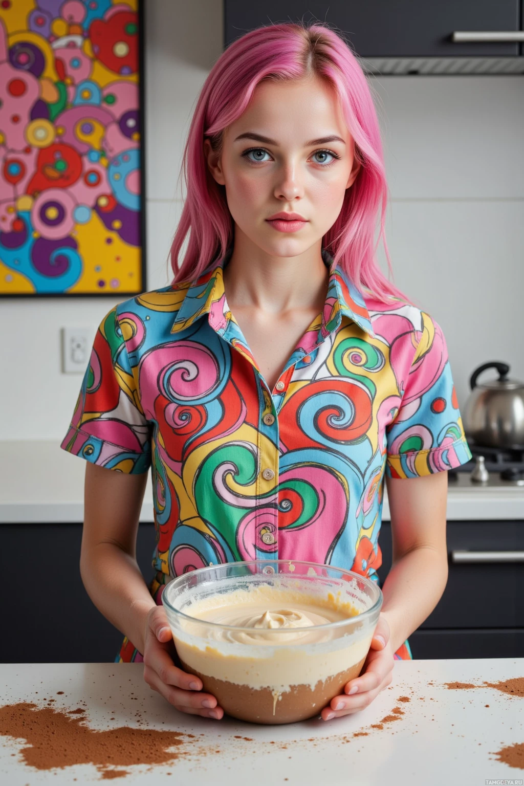 A person with pink hair and a colorful shirt holds a bowl of batter on a kitchen counter.