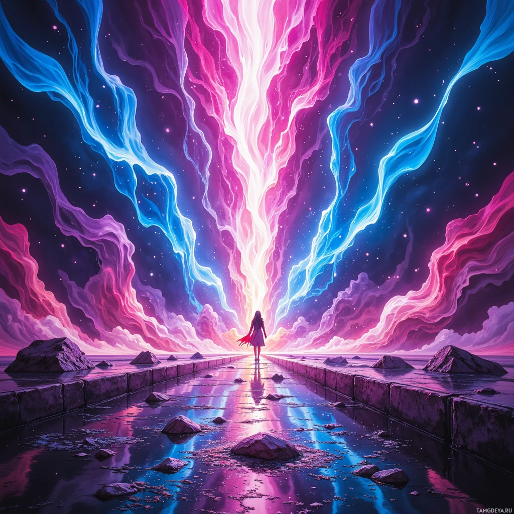 A person stands at the end of a path leading towards a radiant, colorful sky with swirling clouds.