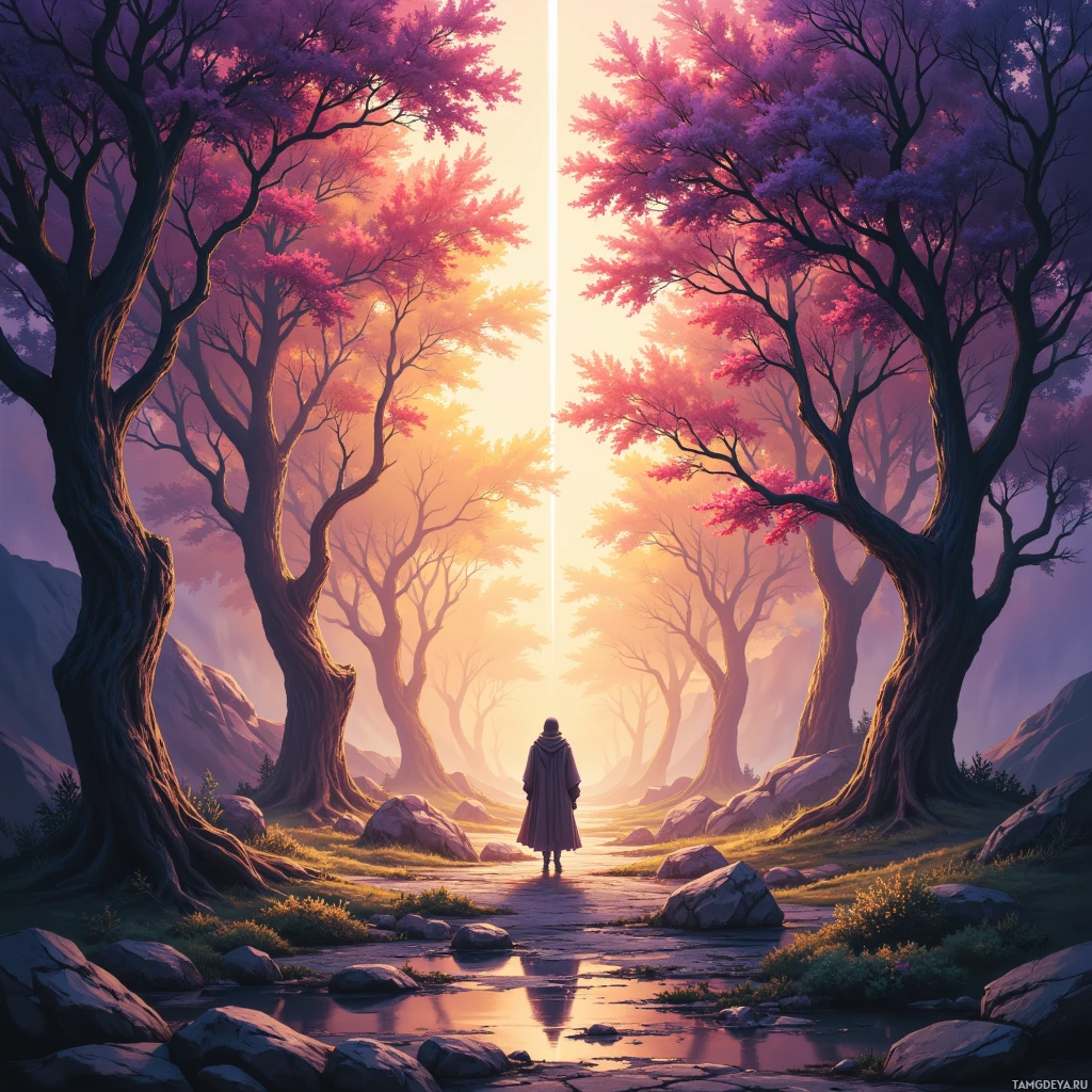 A lone figure in a cloak walks through a serene forest with vibrant pink and purple foliage.