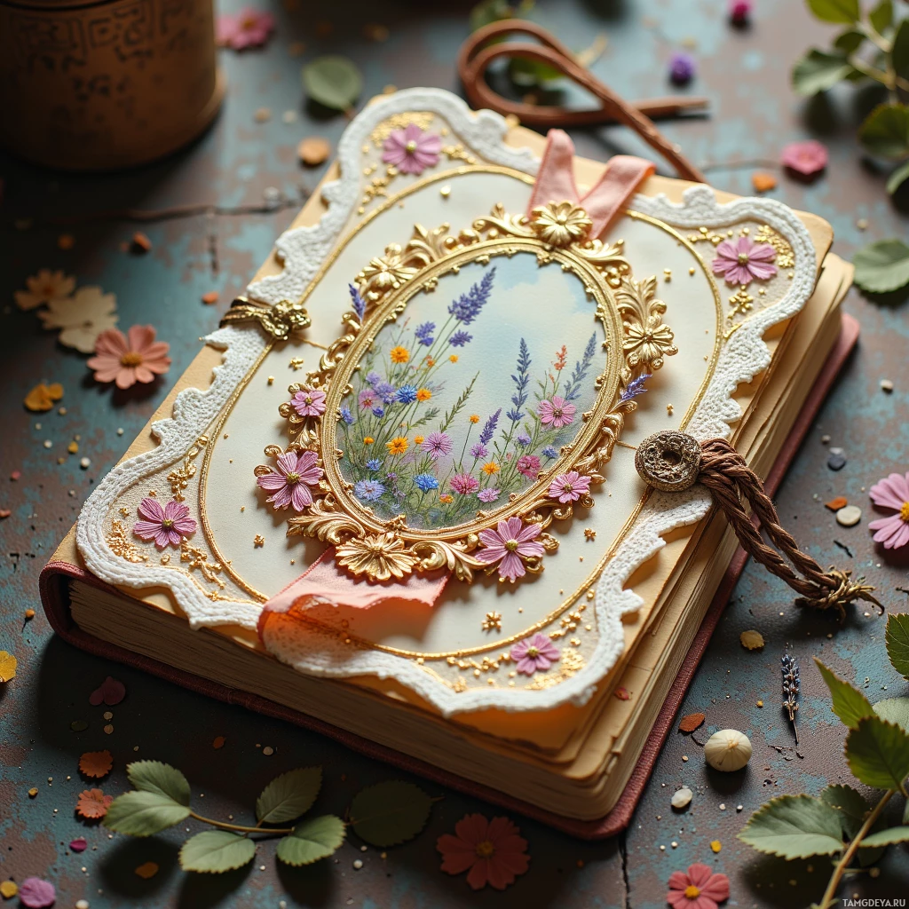 An ornate book adorned with floral decorations and a gold frame.