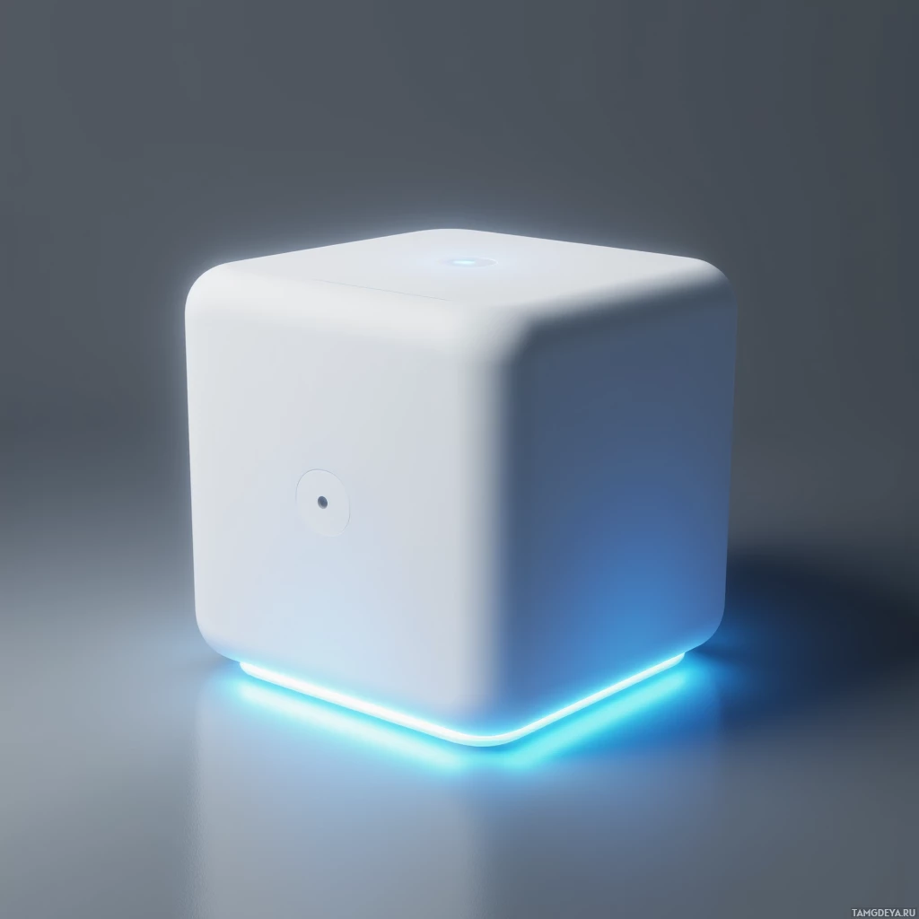 A glowing white cube with a blue light accent on its base.