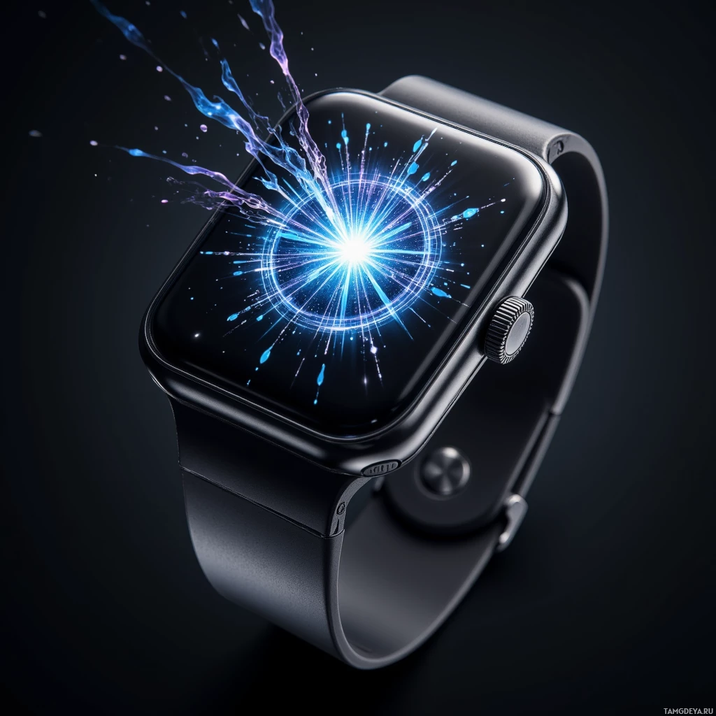 A futuristic smartwatch with a glowing, dynamic display against a dark background.