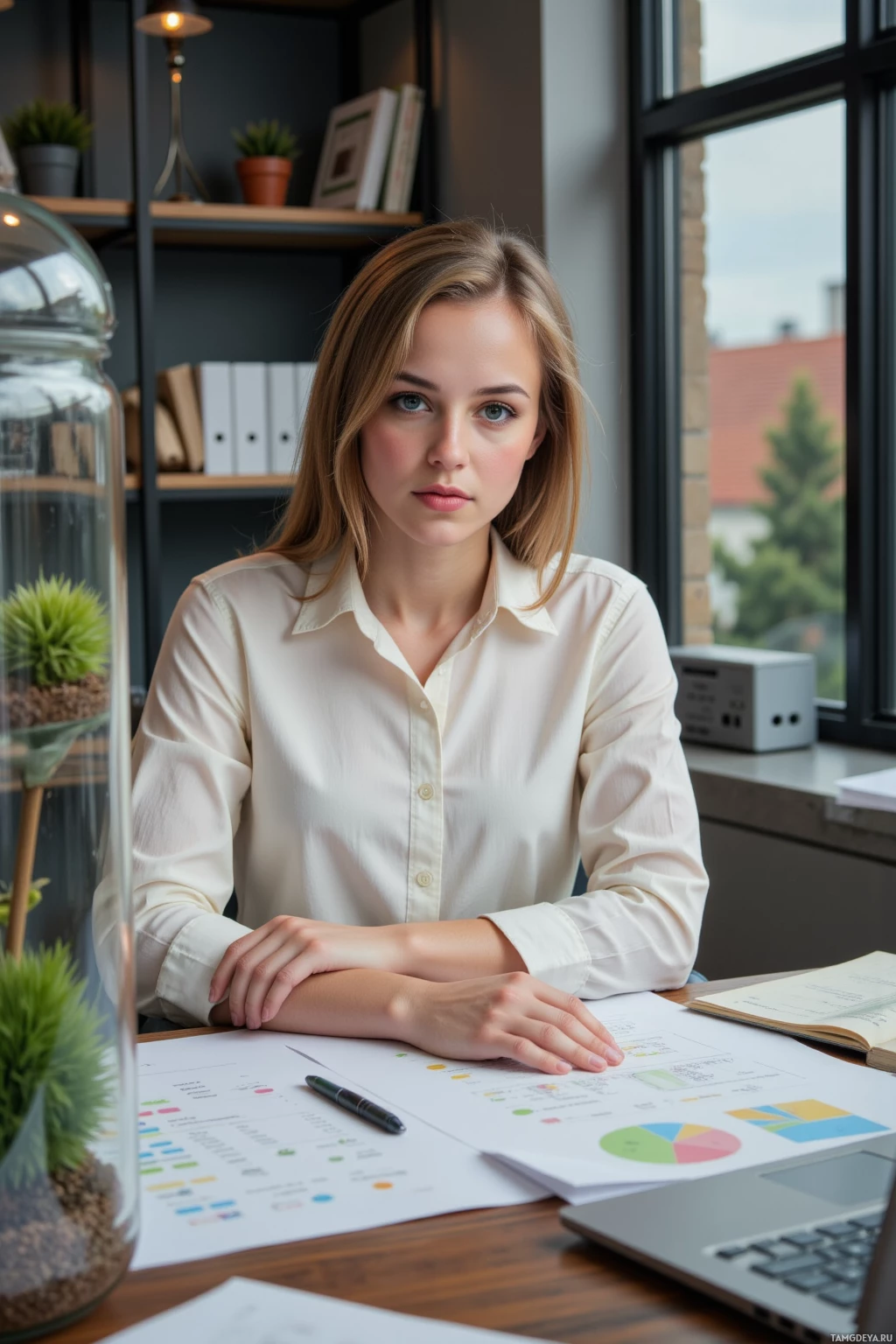 A woman sits at a desk in an office, surrounded by documents and a laptop.