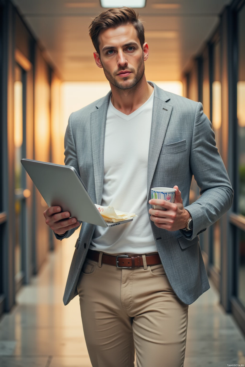 A man in a suit holds a laptop and a coffee cup while walking down a hallway.