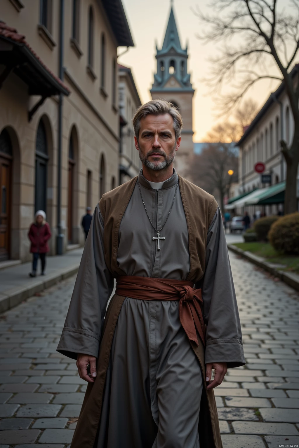 A man in a priest's robe stands on a cobblestone street with a church in the background.