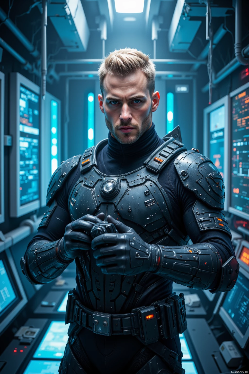 A person in futuristic armor stands in a high-tech environment.