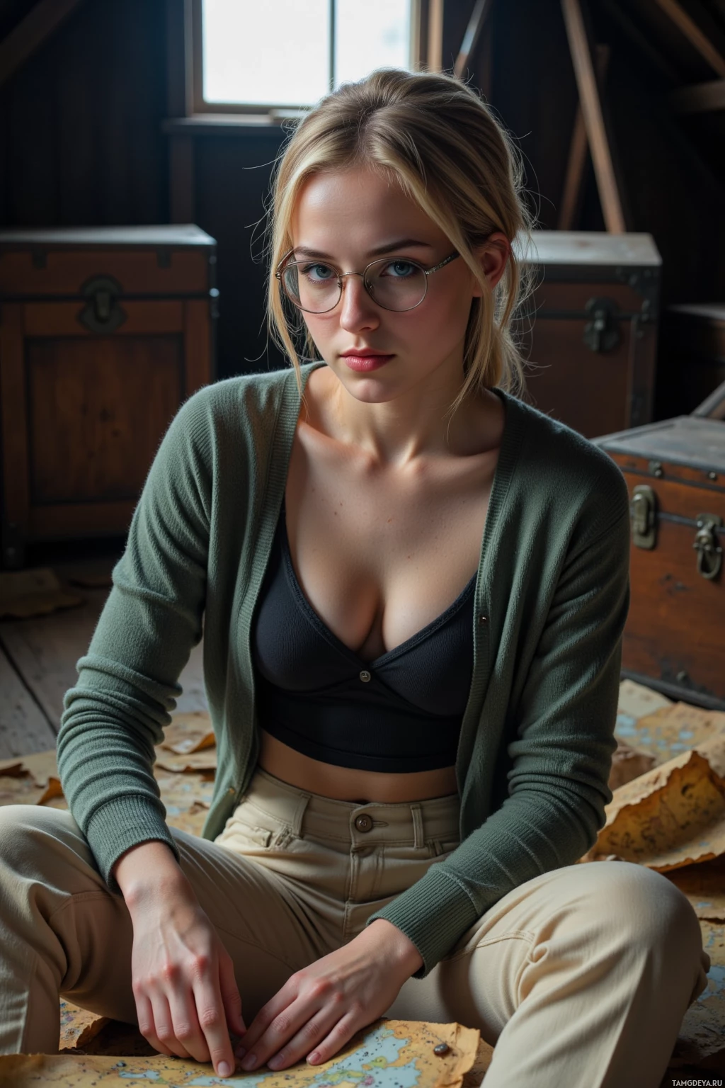 A person wearing glasses and a green cardigan sits on a map in an attic-like setting with wooden trunks behind them.