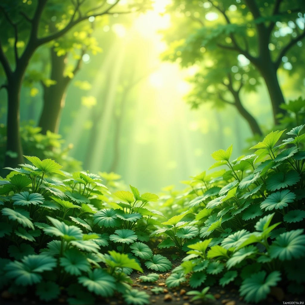 A serene forest scene with sunlight filtering through the trees and lush green foliage in the foreground.