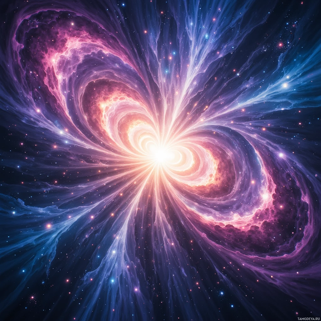 A vibrant cosmic scene featuring swirling nebulae and starlight.