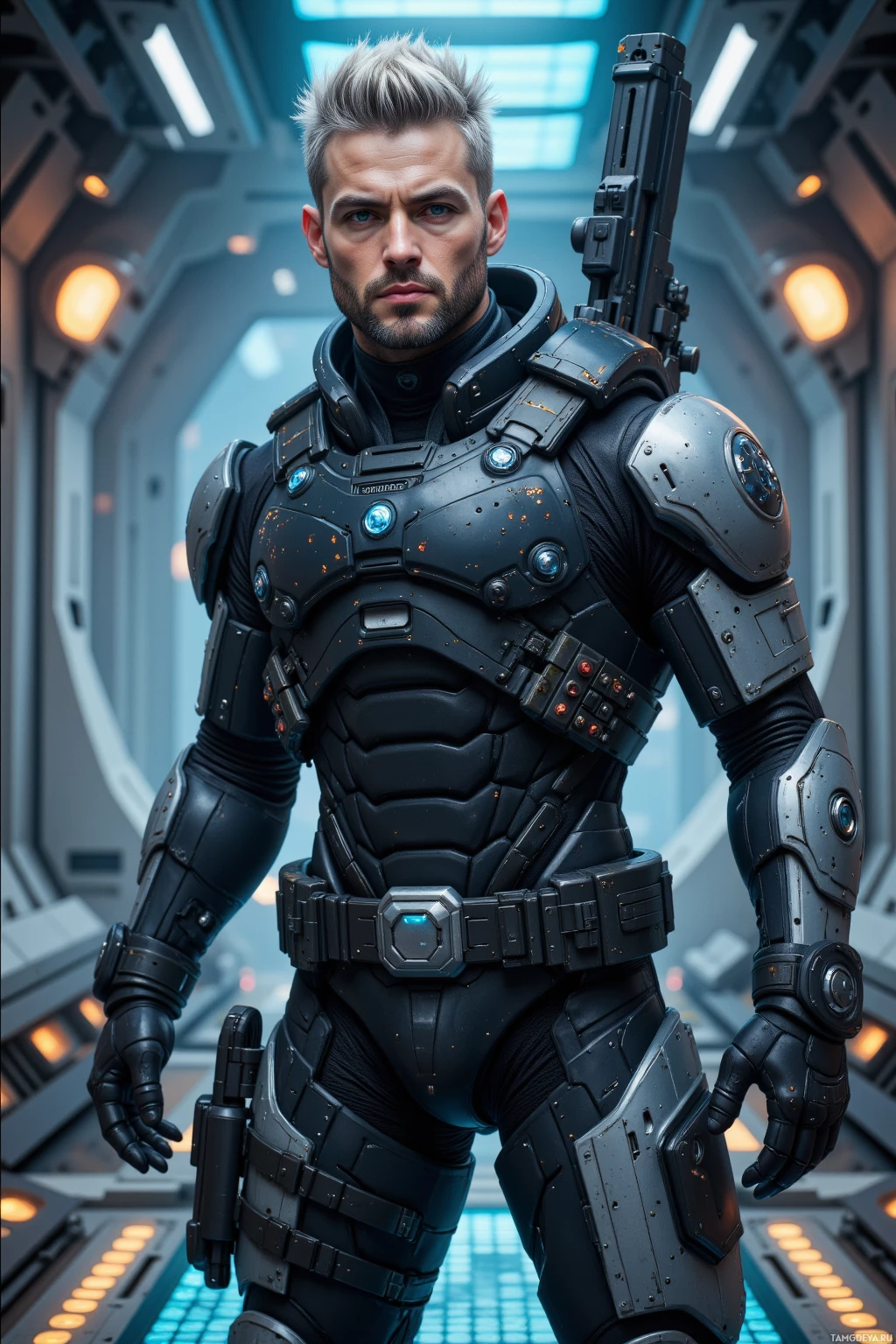 A person in futuristic armor stands in a sci-fi setting with glowing lights and metallic structures.