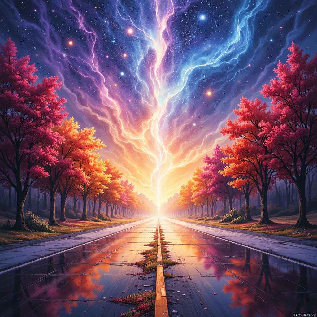 A vibrant, surreal landscape featuring a road lined with colorful trees and a sky filled with glowing, electric-like streaks.