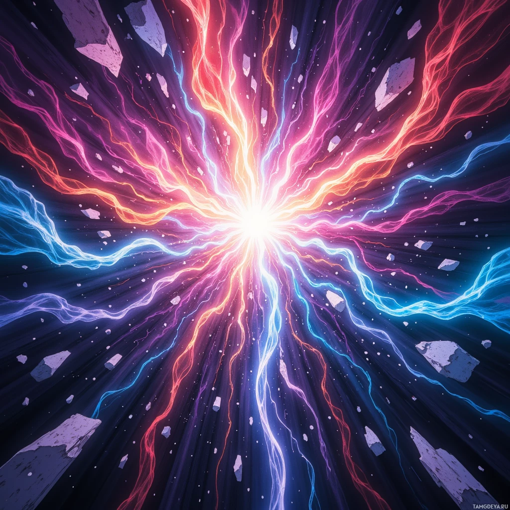 A vibrant explosion of colorful energy radiating outward against a dark background.