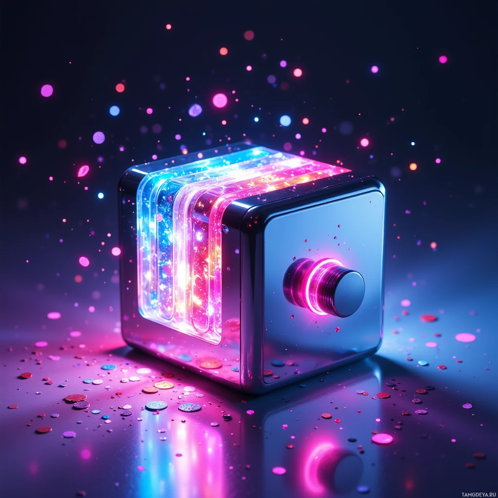 A glowing, futuristic cube with vibrant colors and sparkling particles.