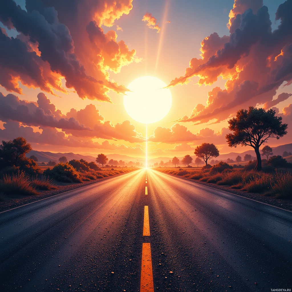A scenic sunset illuminates a straight road leading into the horizon, flanked by trees and rolling hills.