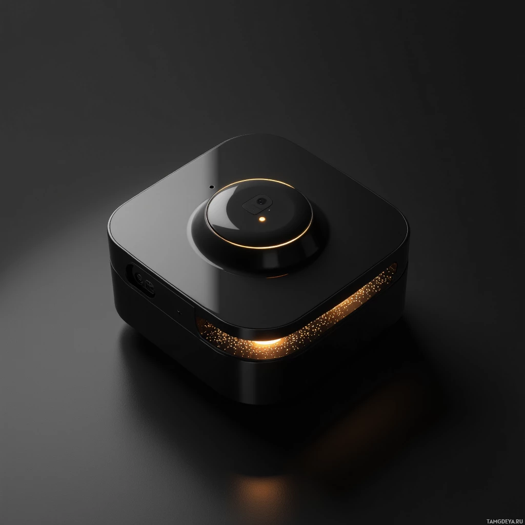 A sleek, black, square-shaped device with a glowing orange light accent.