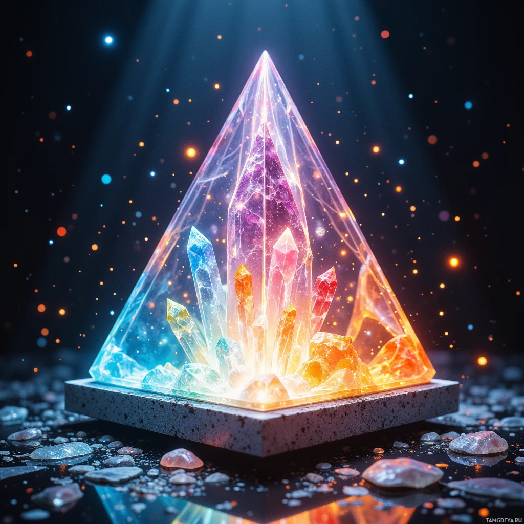 A glowing pyramid with colorful crystals inside, set against a dark, starry background.