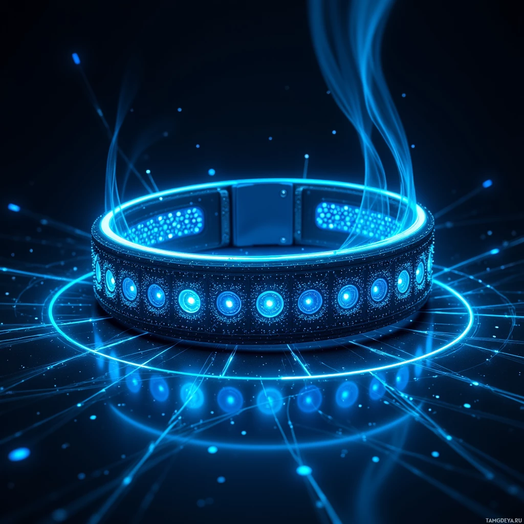 A glowing blue ring with embedded lights and flowing lines against a dark background.