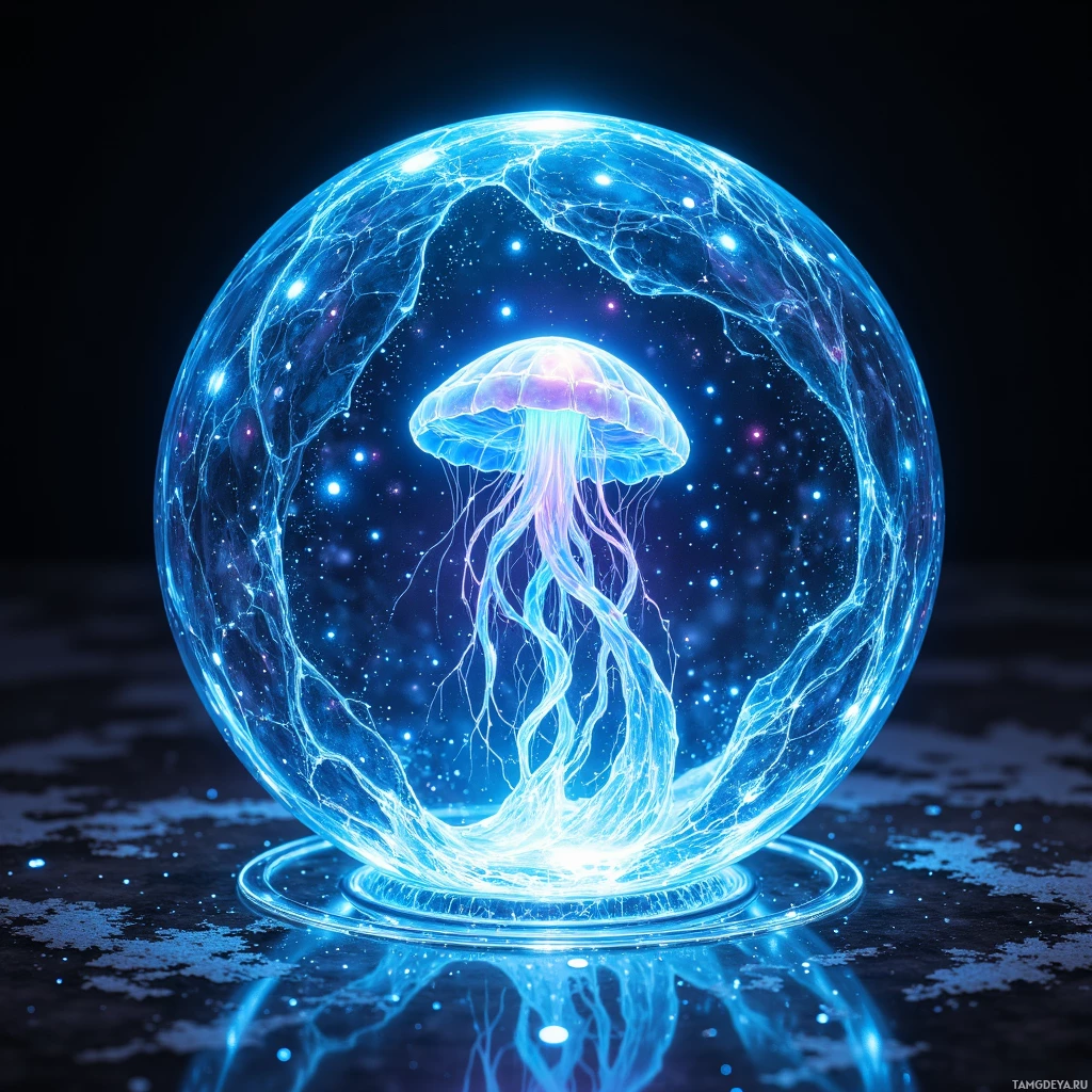 A glowing jellyfish inside a transparent sphere with cosmic patterns and light reflections.