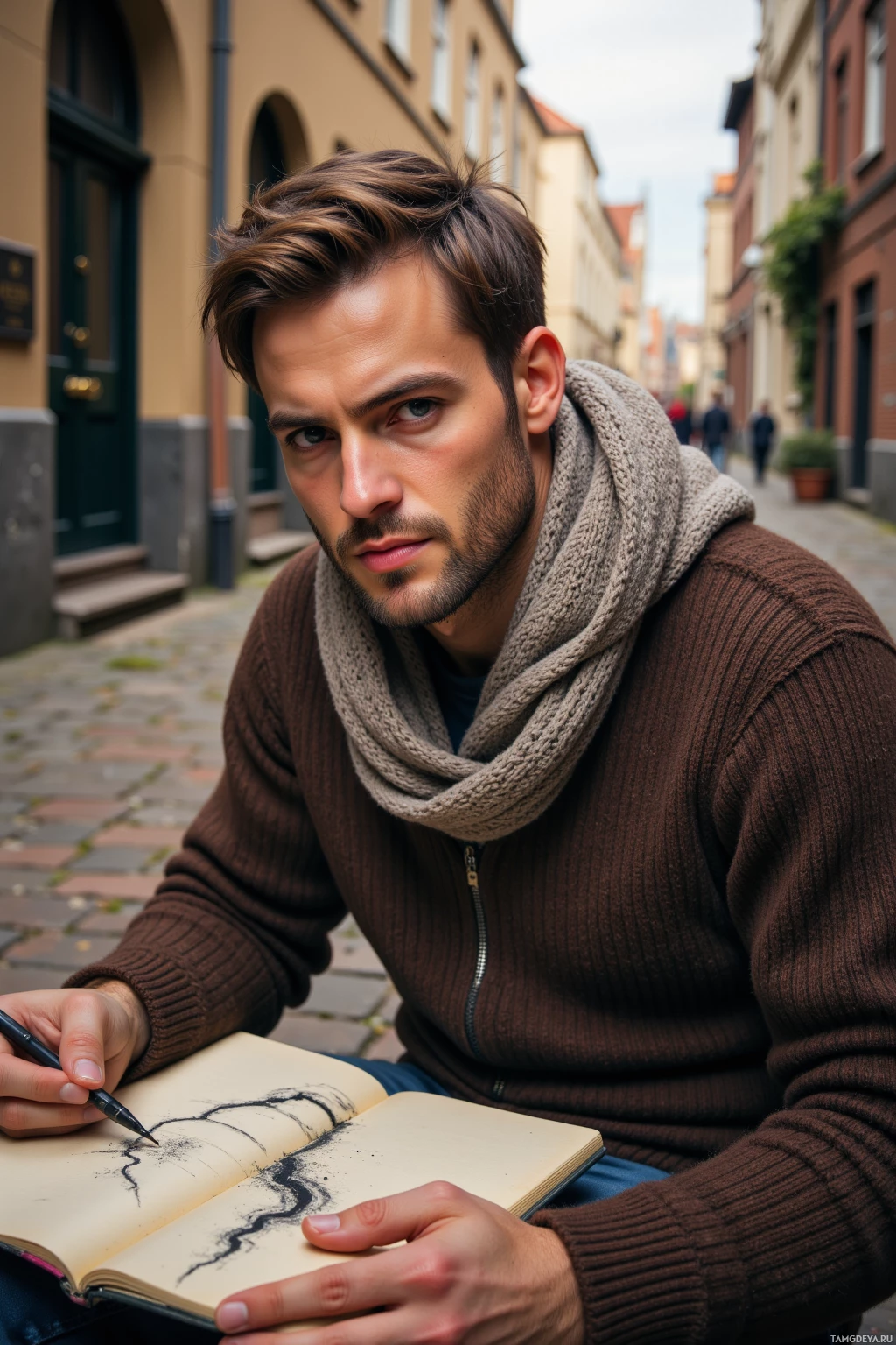 A person wearing a brown sweater and scarf is sketching in a notebook on a cobblestone street.